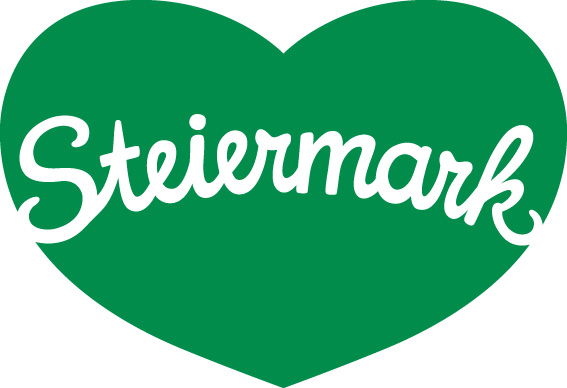 Grünes Herz mit weißem Text, Steiermark Tourismus Logo